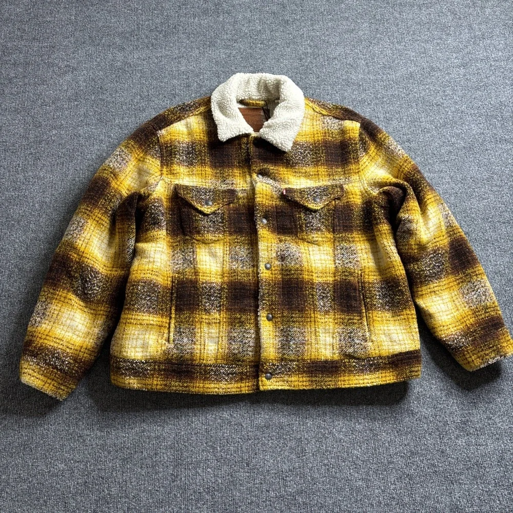 Levi's Vintage Relaxed Trucker Jacket Men's XL Mustard Brown Sherpa Plaid NWT
